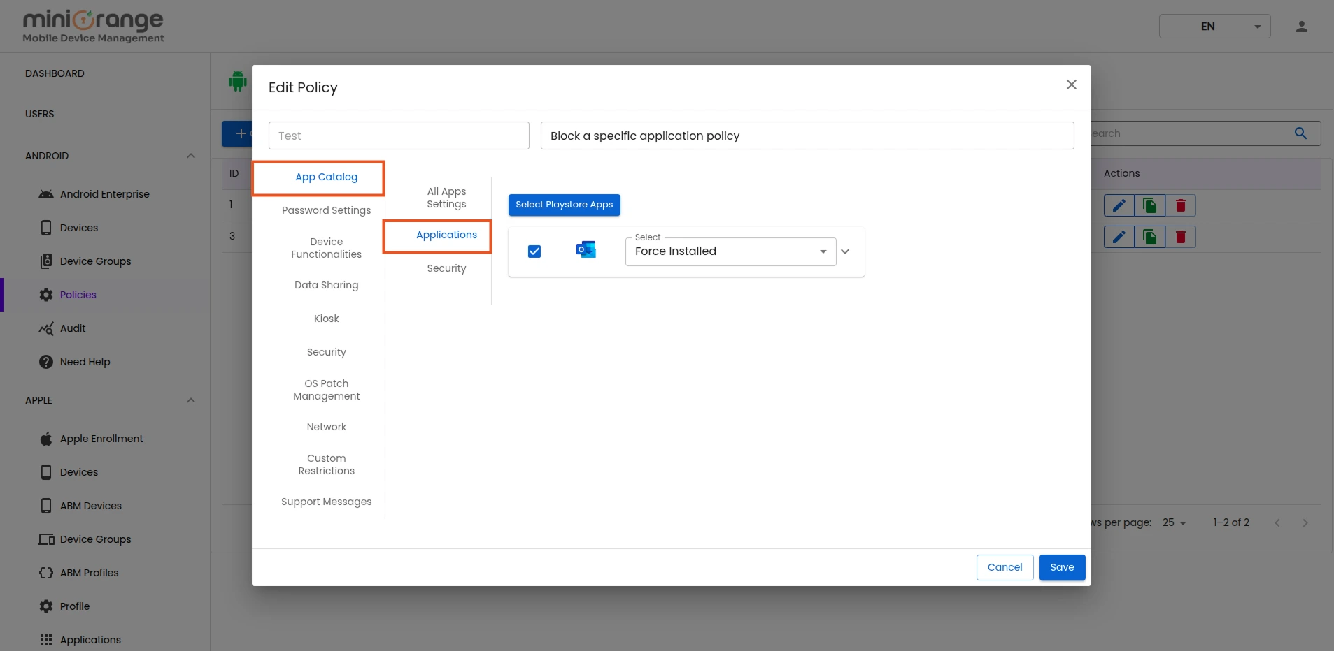 Edit selected Policy on Android Apps