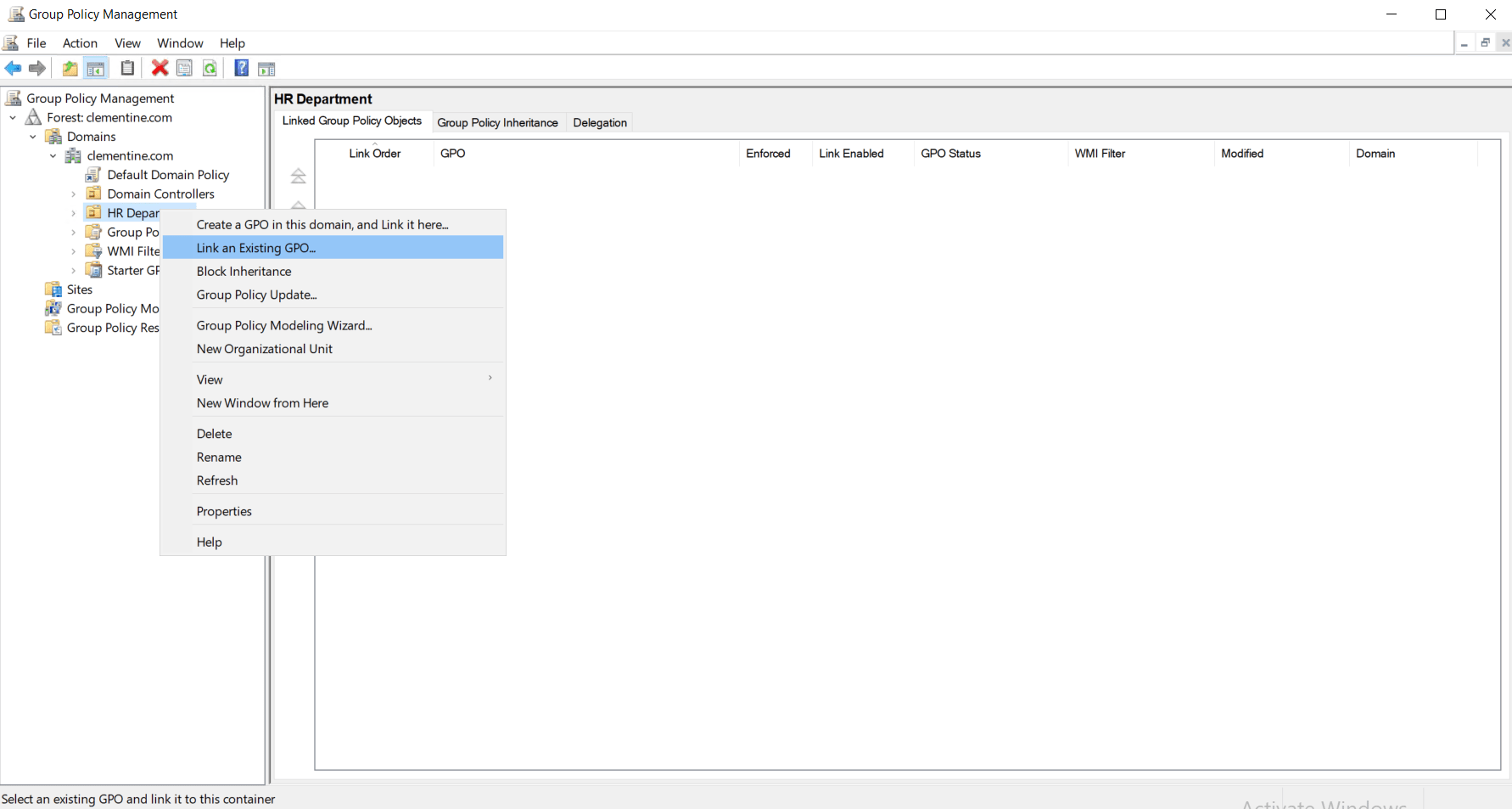 Link the GPO to a Domain, Site, or OU