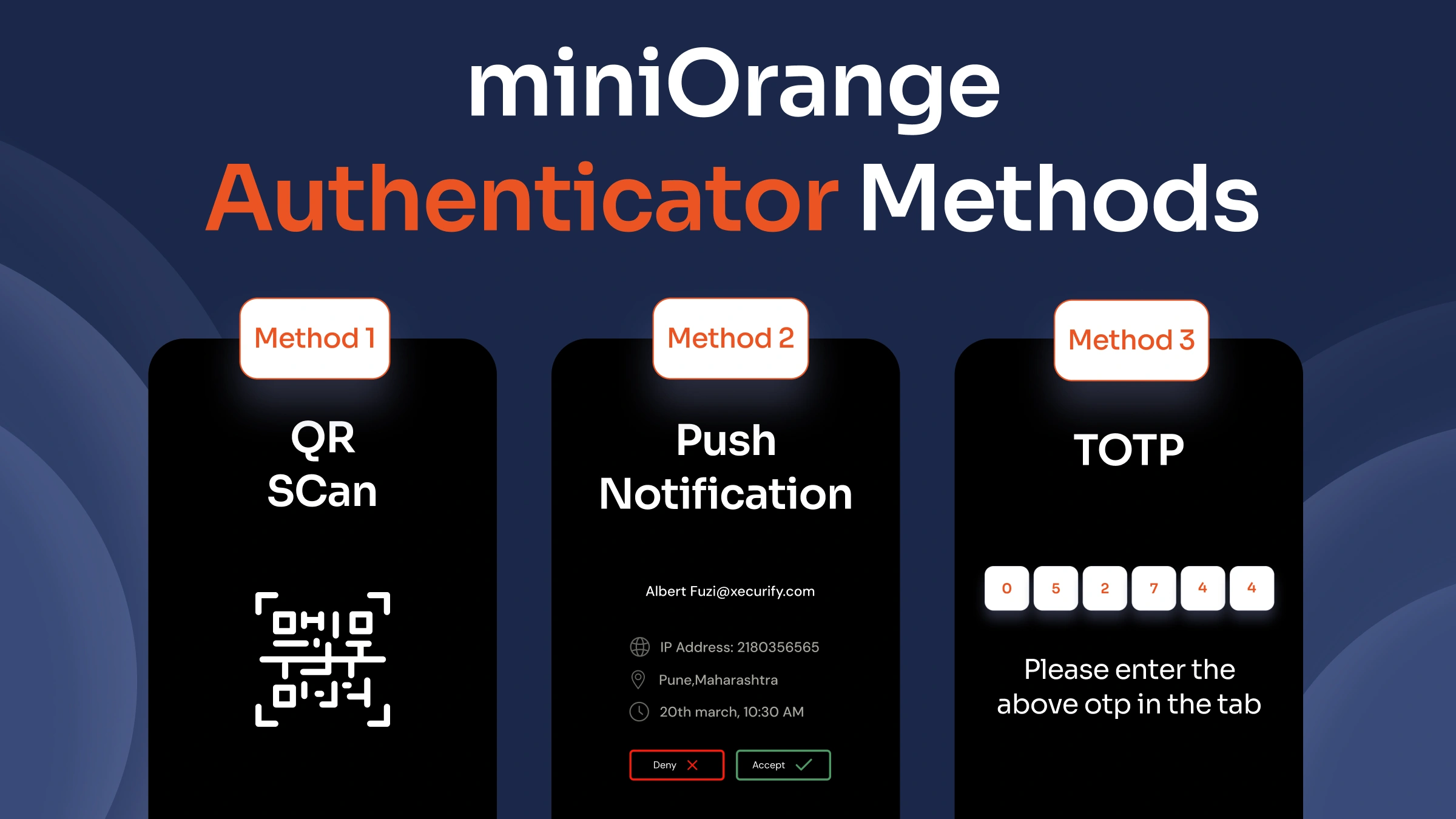 miniOrange Authenticator methods: QR, Push, TOTP