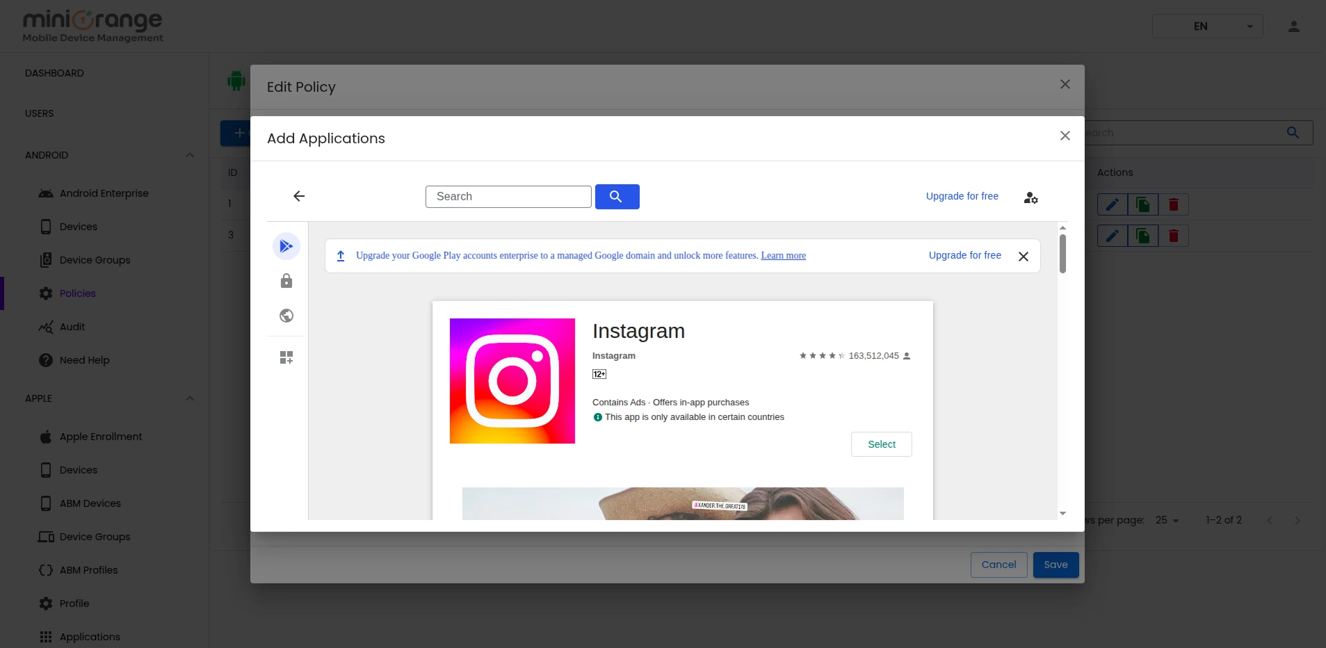 Select apps to block on managed device