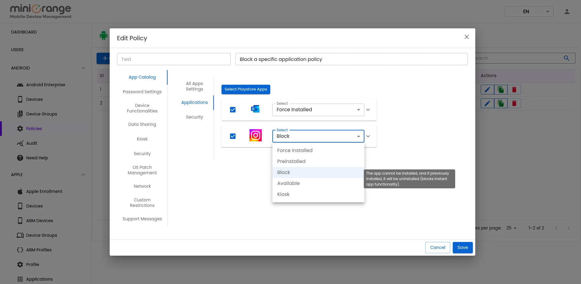 Select restriction methods for Android Apps