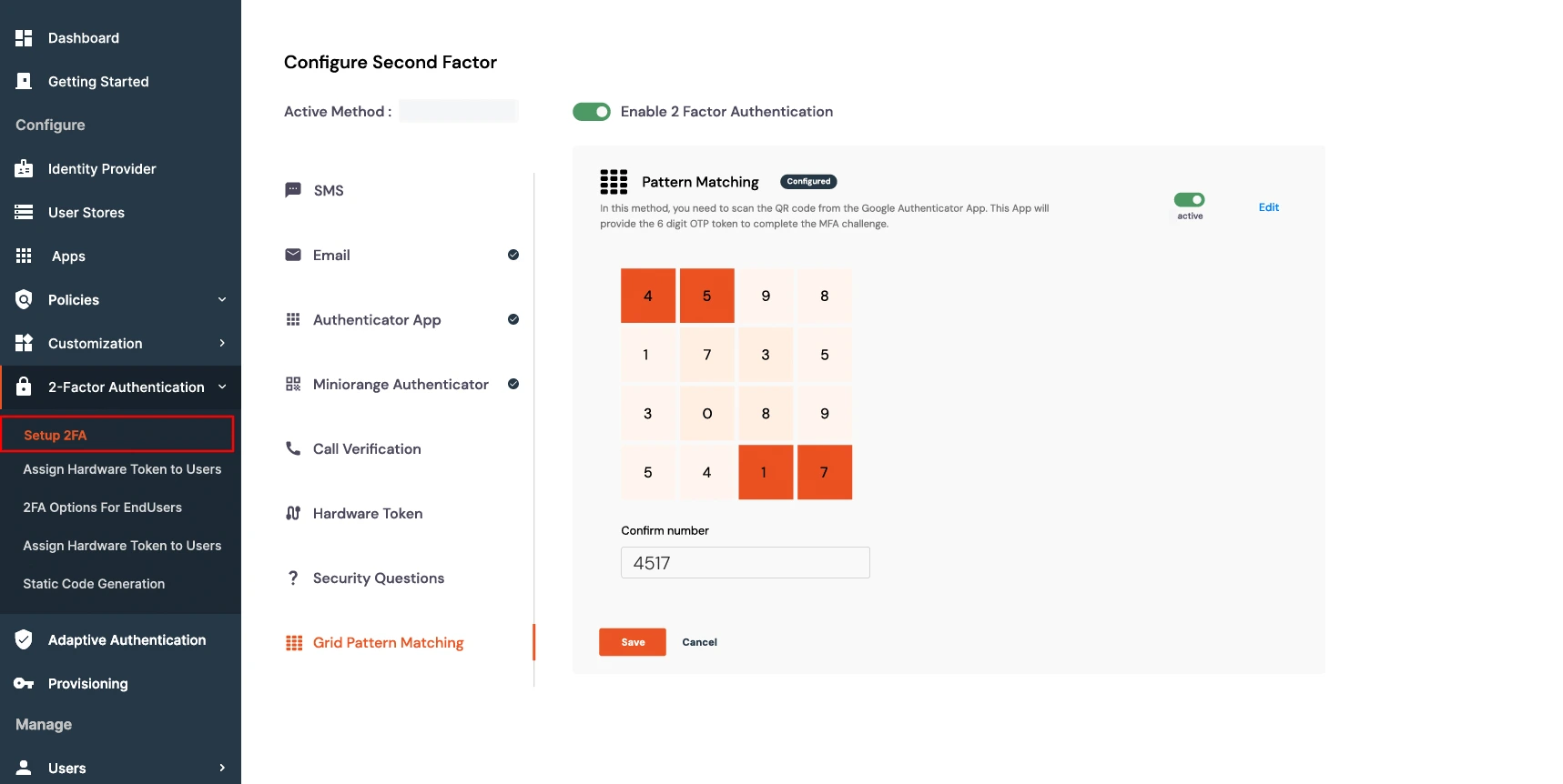miniOrange dashboard showing 2FA setup with grid pattern matching method.