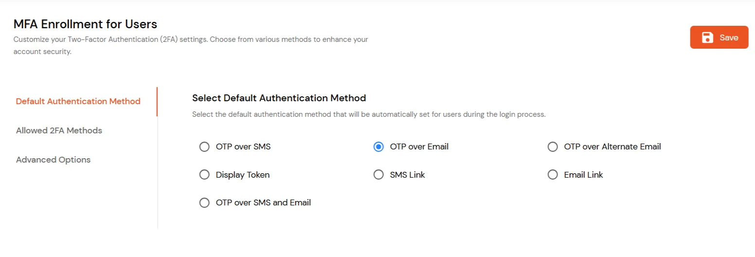 Select 2FA Options for EndUsers
