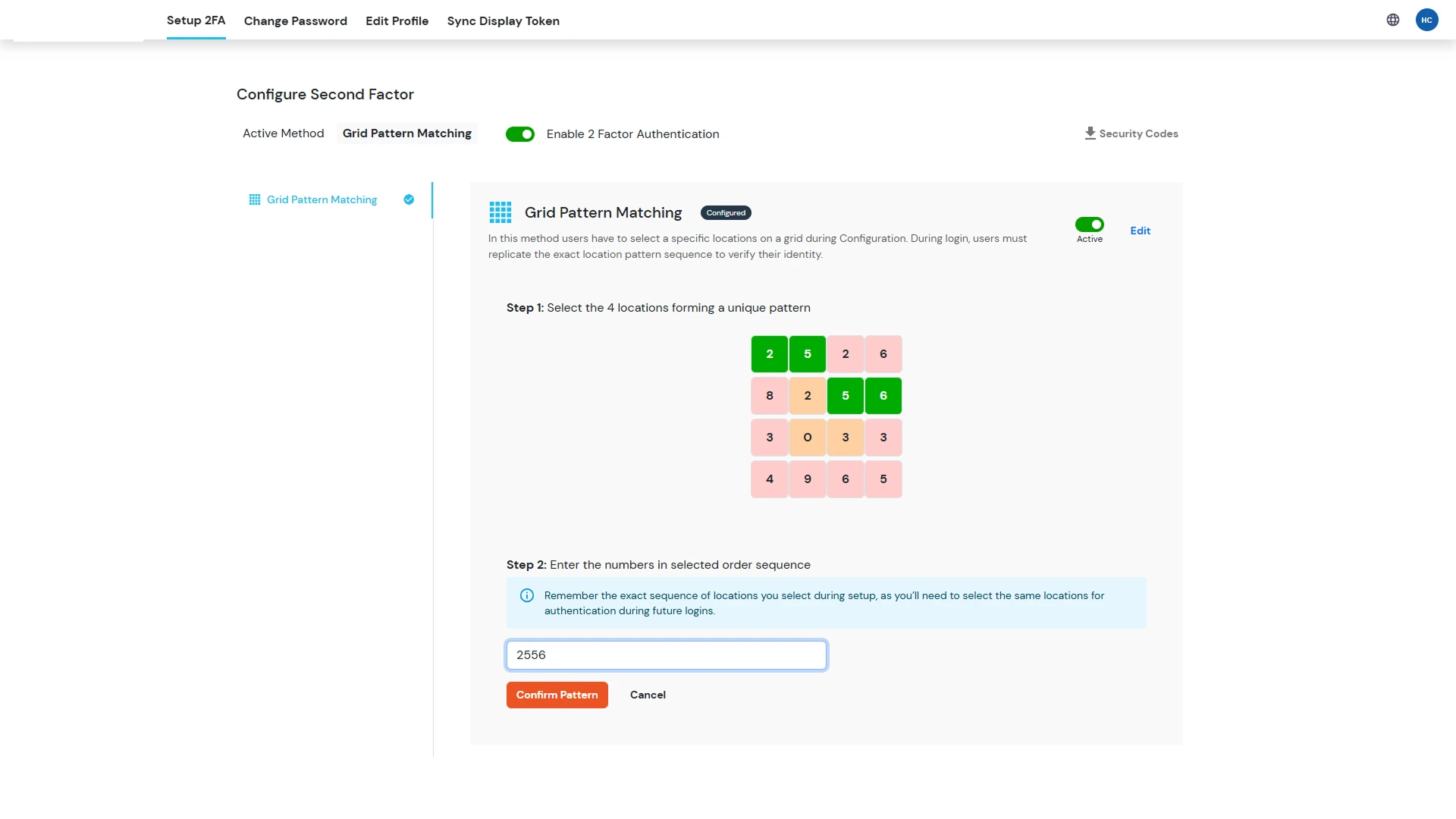 User selecting four tiles on the grid to create a unique authentication pattern in the miniOrange End-User Dashboard.