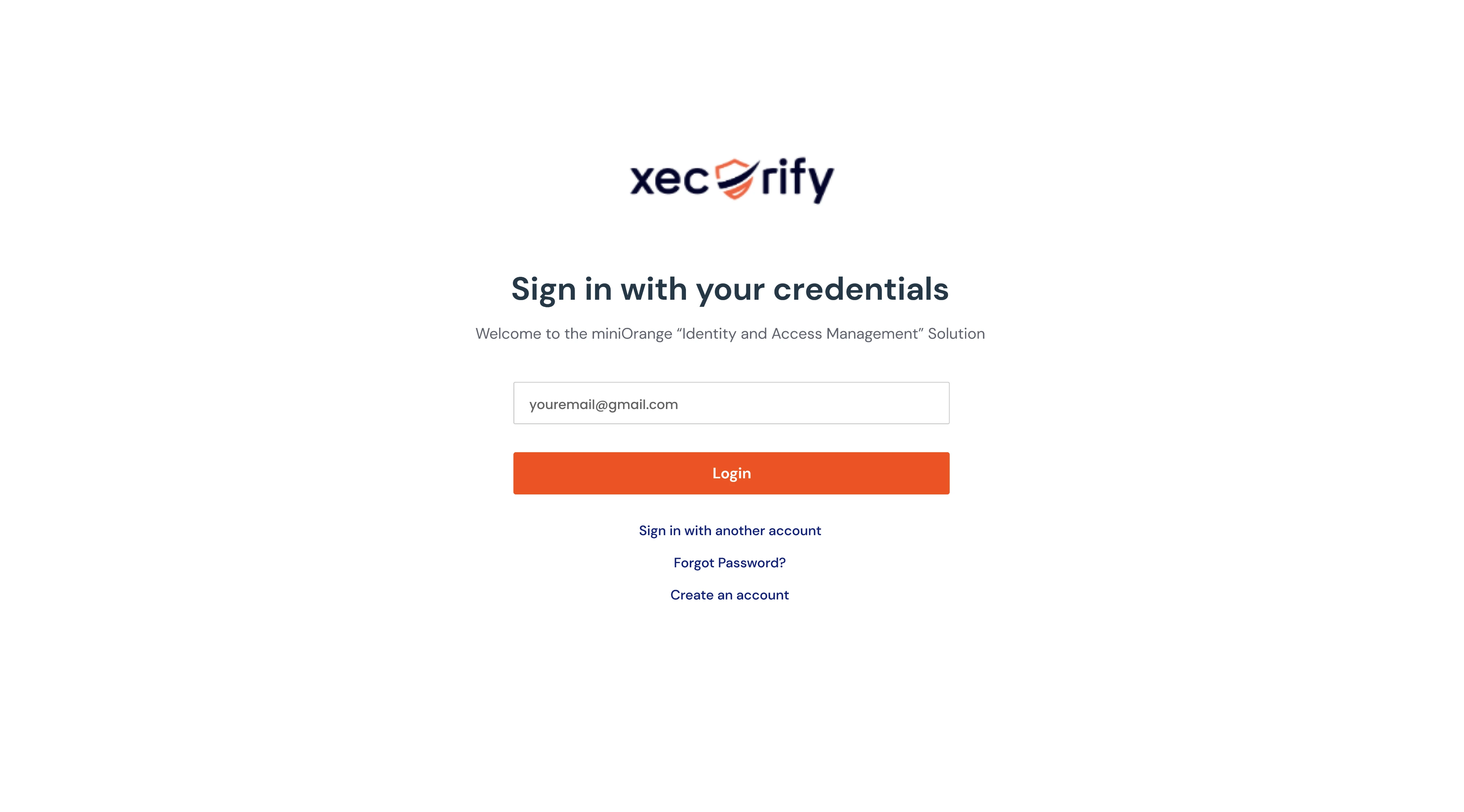 miniOrange login page showing username and password fields for user authentication.