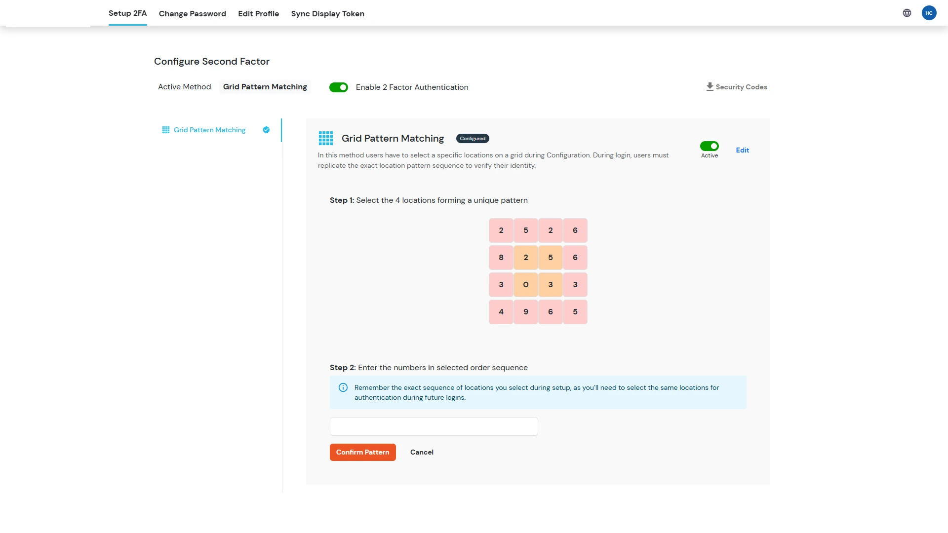 Grid Pattern Matching configuration screen in the miniOrange dashboard showing numbered grid tiles for authentication setup.