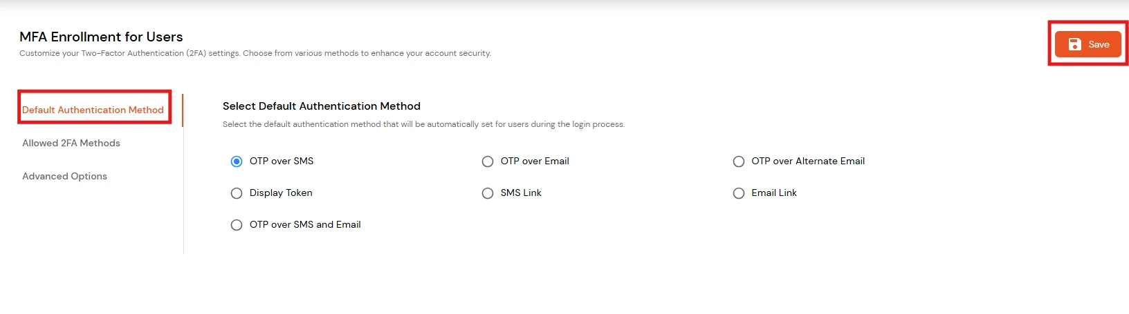 select sms over email 2fa method for user