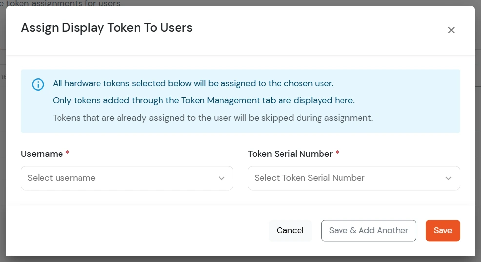 Select a username and token serial number to assign a hardware token
