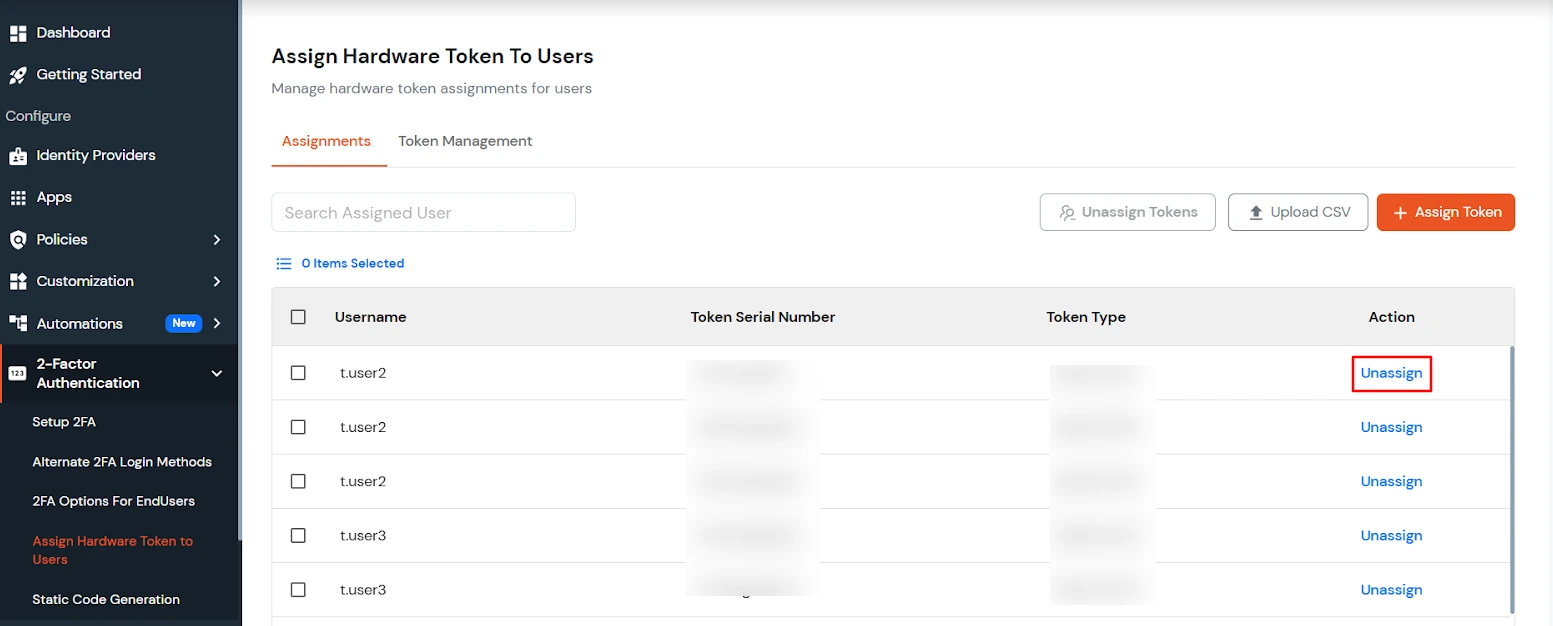 Unassign a token from a user