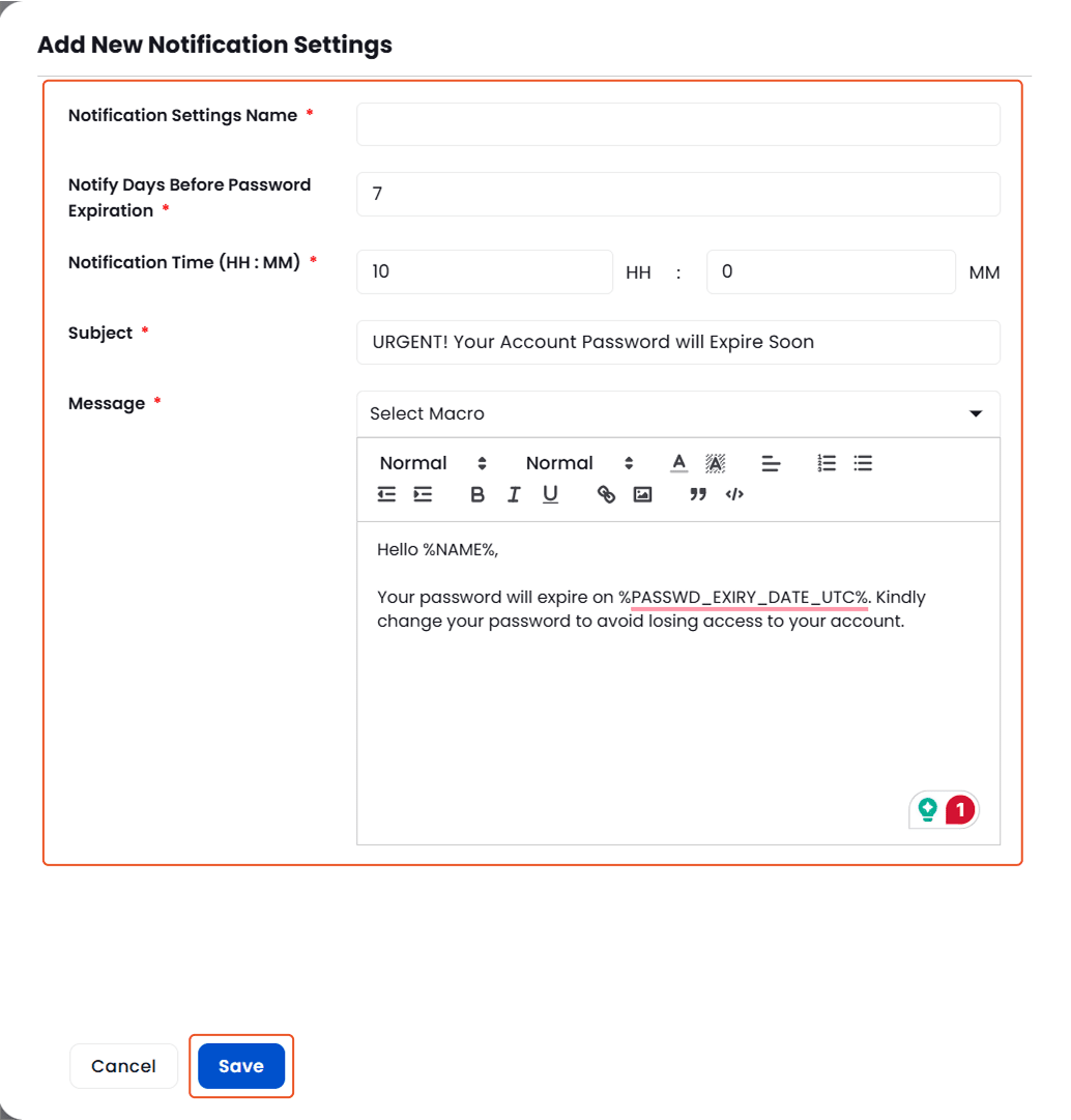 Add New Password Expiry Notification Settings | Manage Alerts