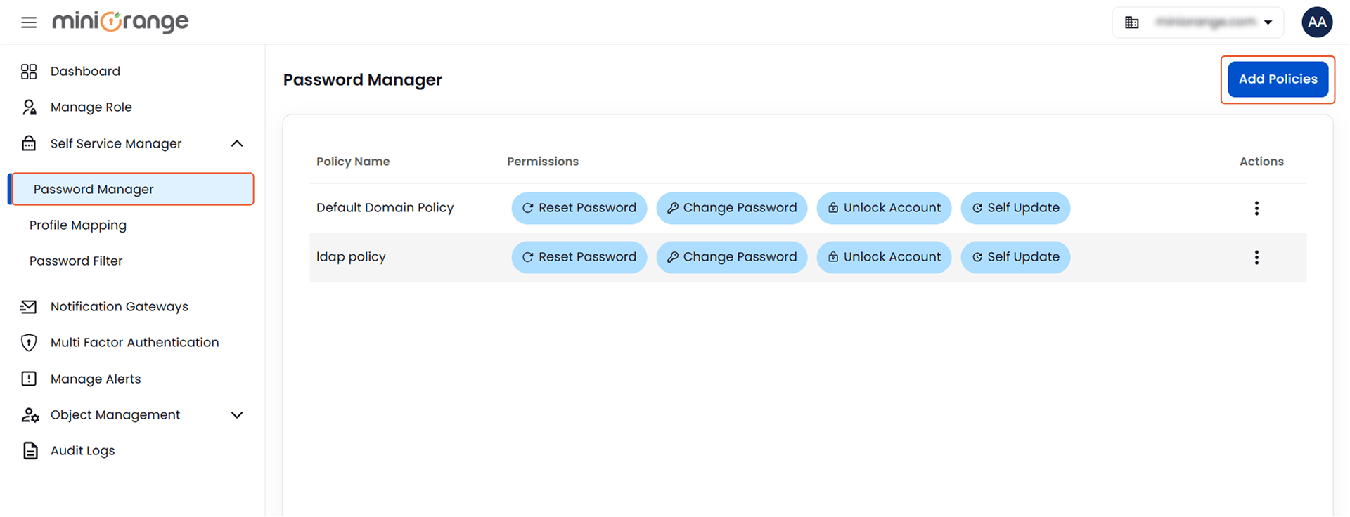 add new password policy | self-service manager | password Management