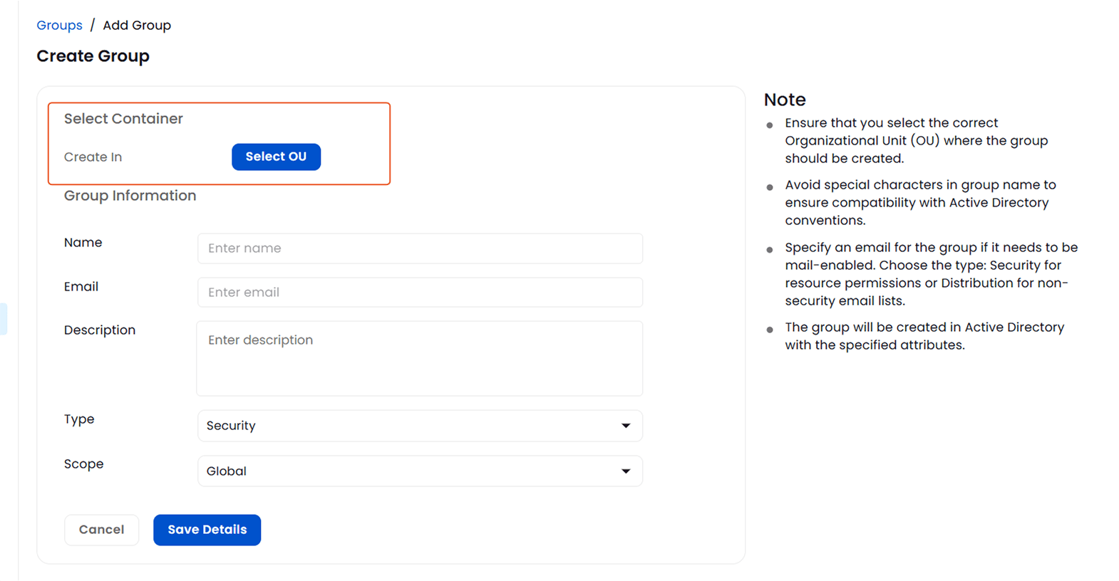 Select Container to Add Group | Groups Management