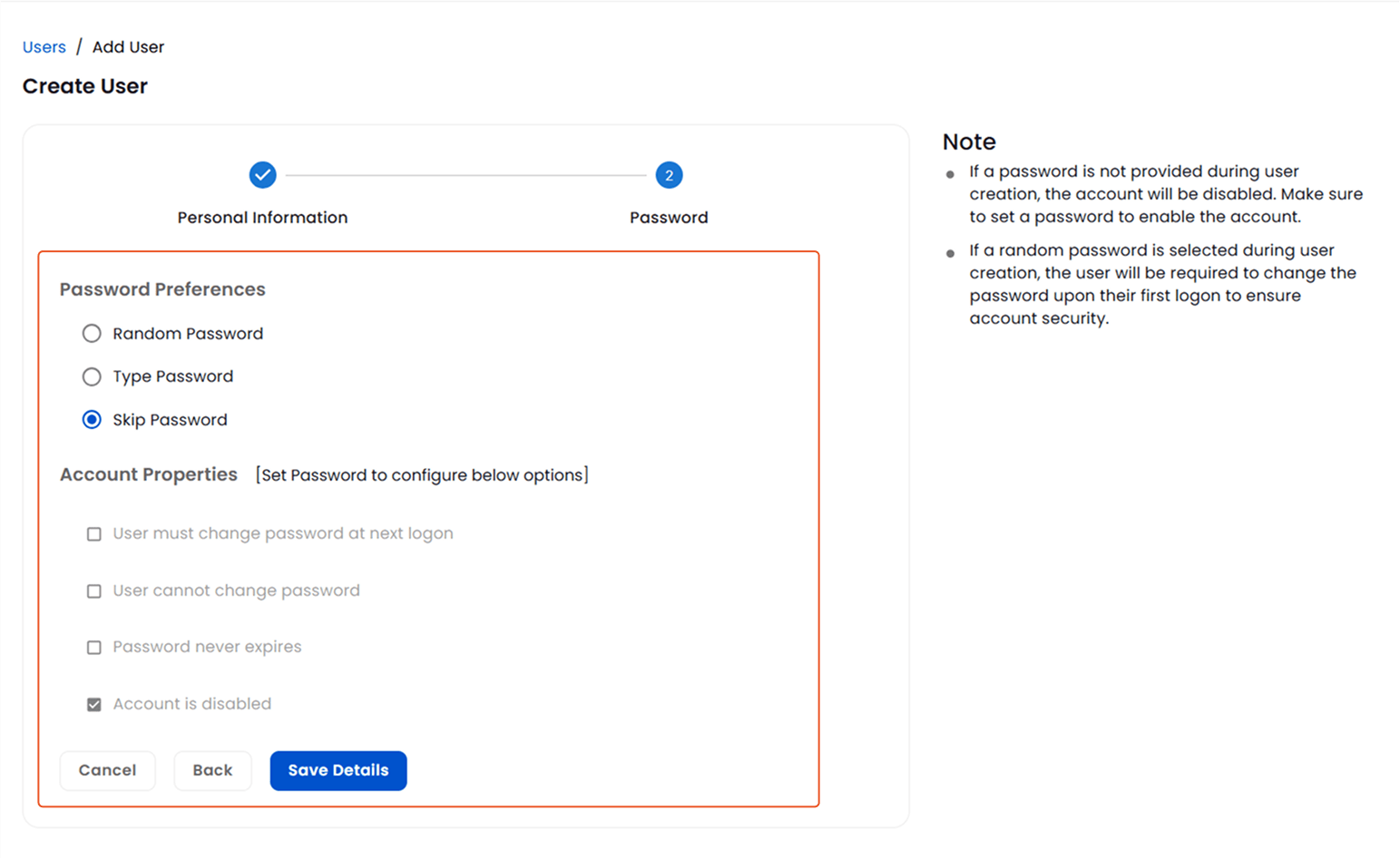 Save Password Preferences and Account Properties | Create User Account | User Management