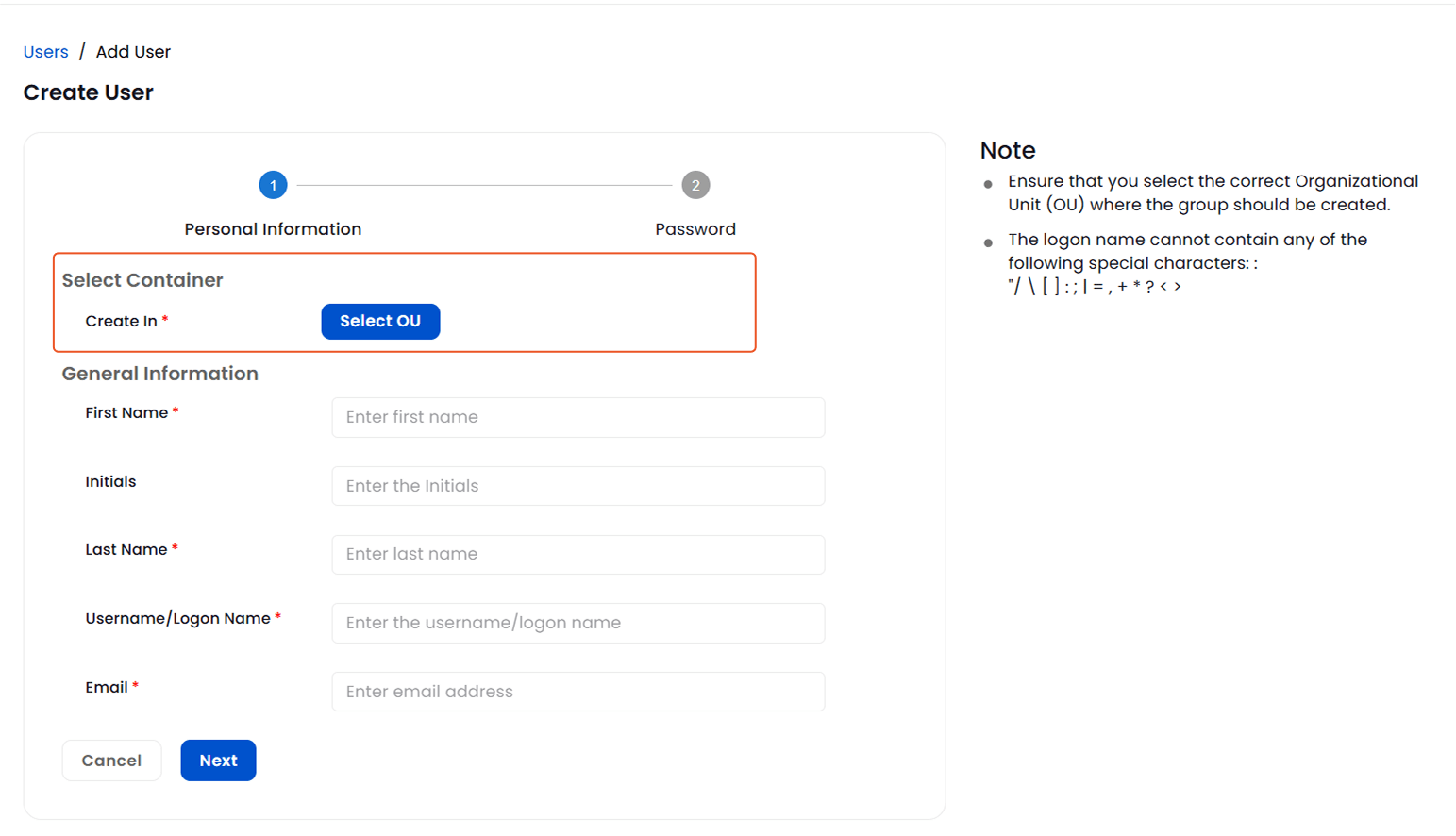 Select OU | Create user account | User Management