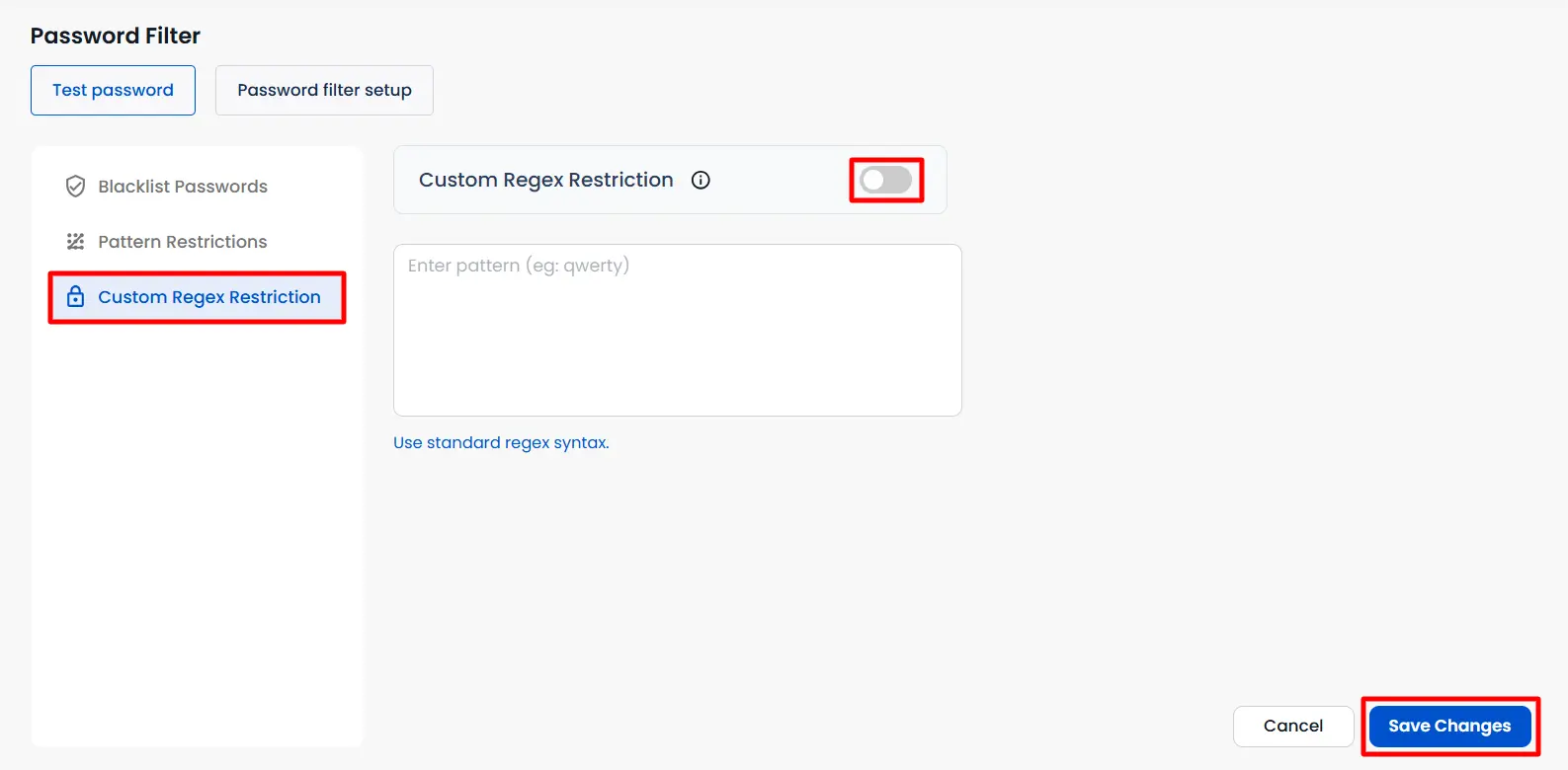 Configure custom regex restriction for passwords | Password Filter