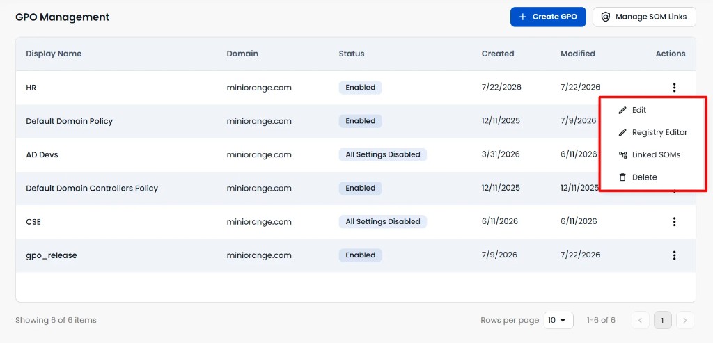 Edit GPO, Registry Editor, Linked SOMs and Delete | GPO Management
