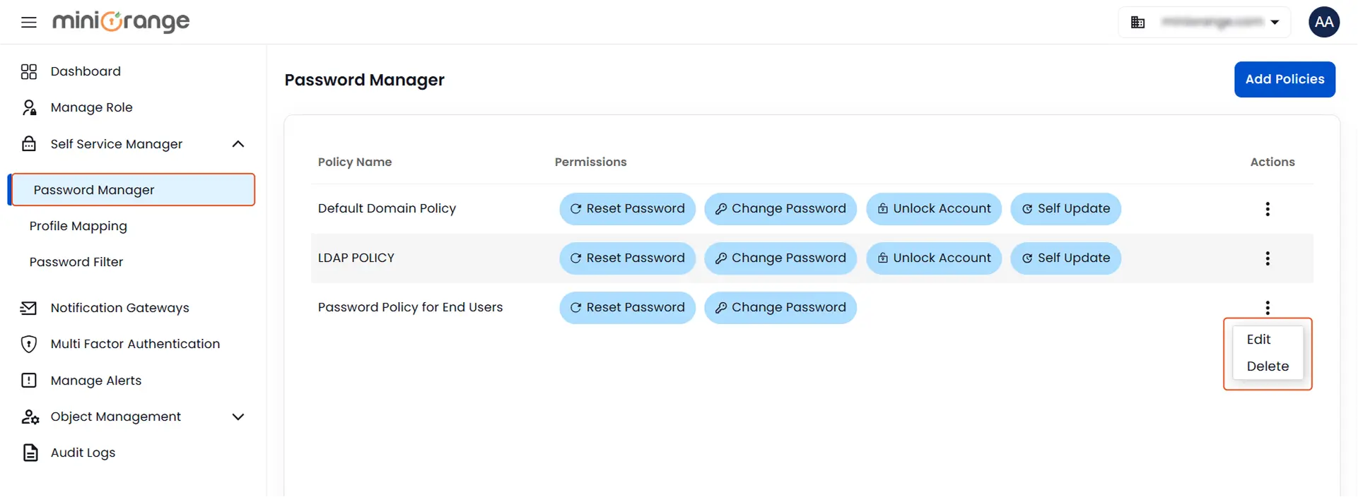 Edit Password Policy | Manage admins