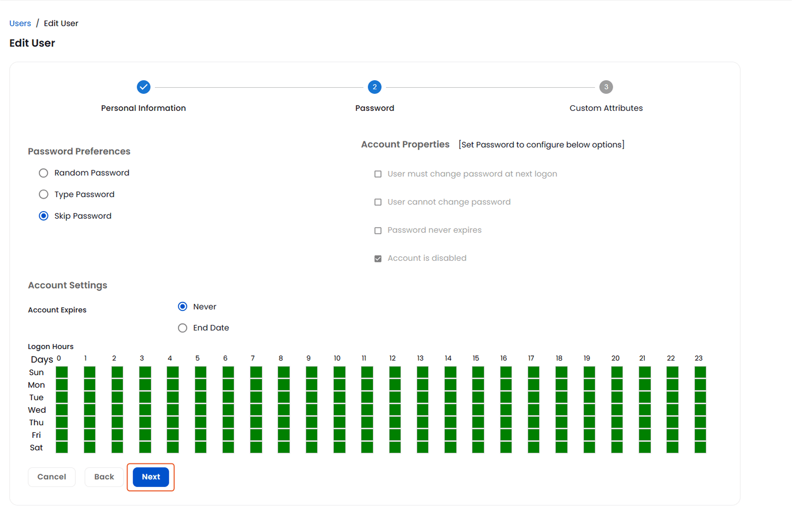 Modify user password related settings | User Management | Modify User