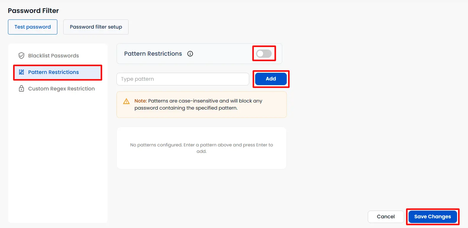 Configure pattern restrictions for passwords | Password Filter