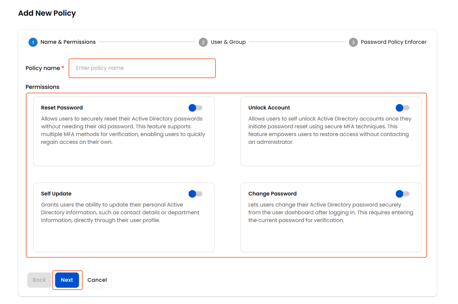 Configure password policy name and permissions | Password Management | Self Service Manager