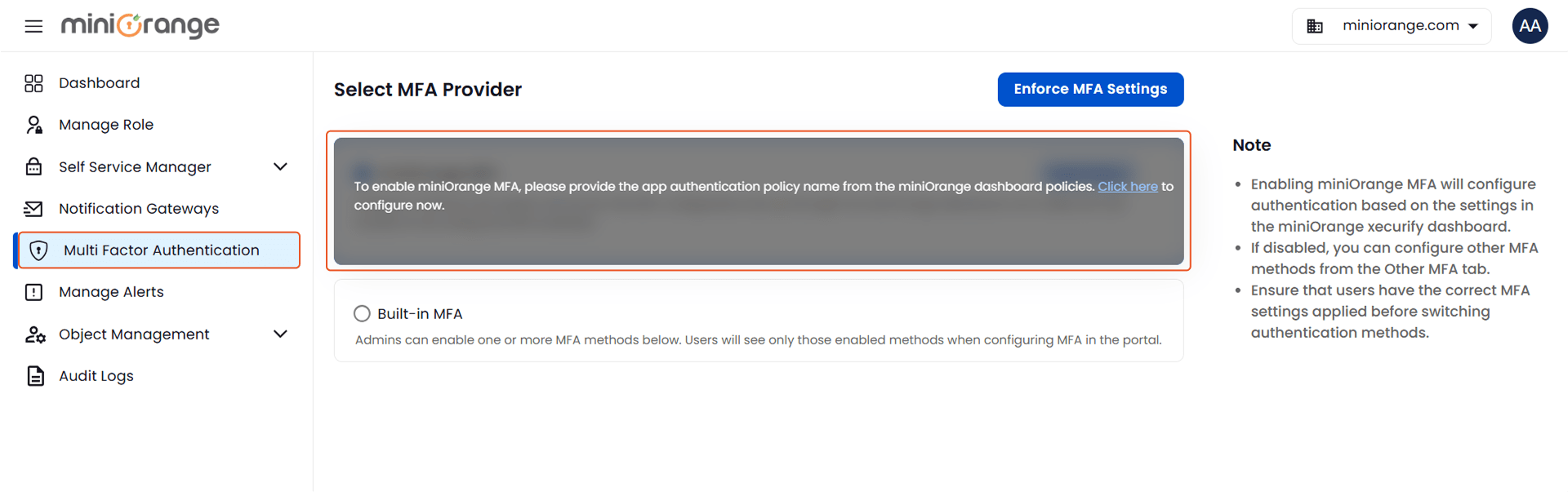Select miniOrange MFA Provider | Multi-Factor Authentication