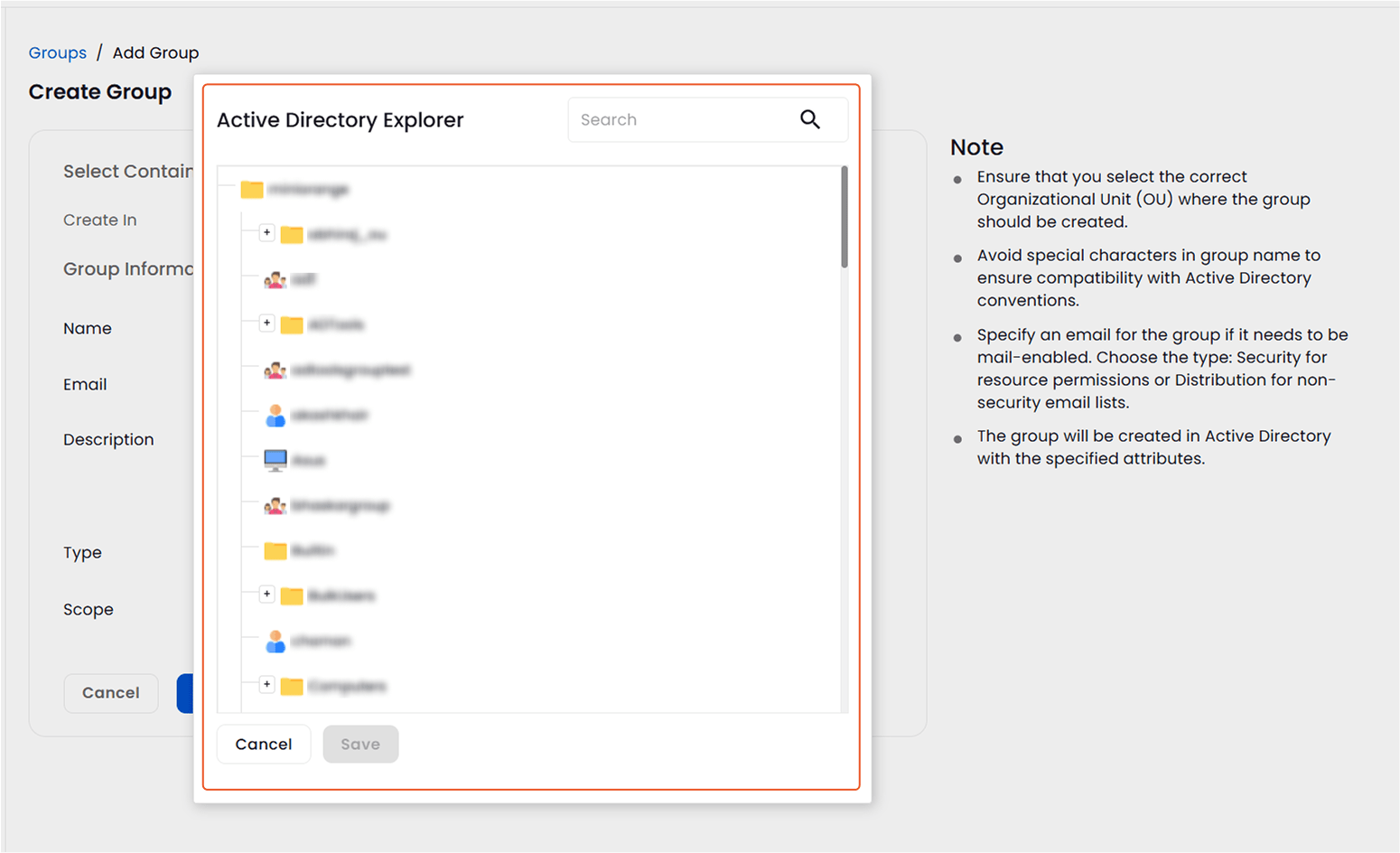 Select Container to Add Group | Groups Management