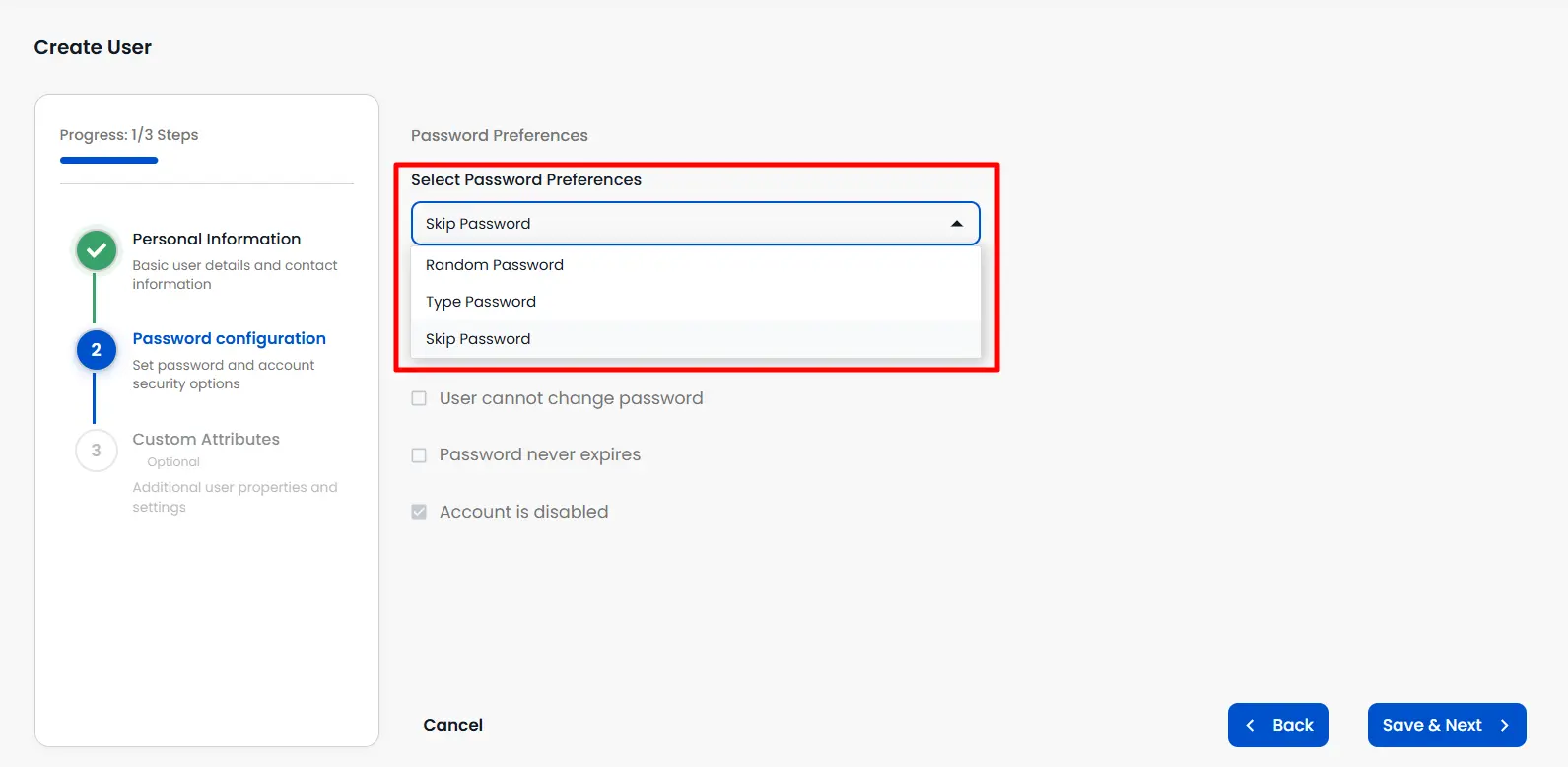 Select Password Preferences Dropdown