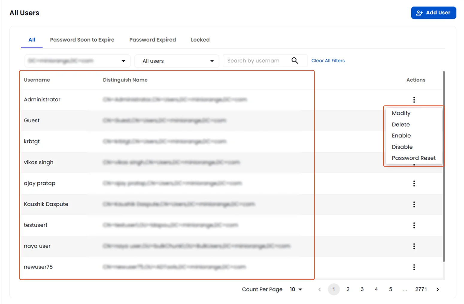 List of users with their DN and actions that can be performed | User Management