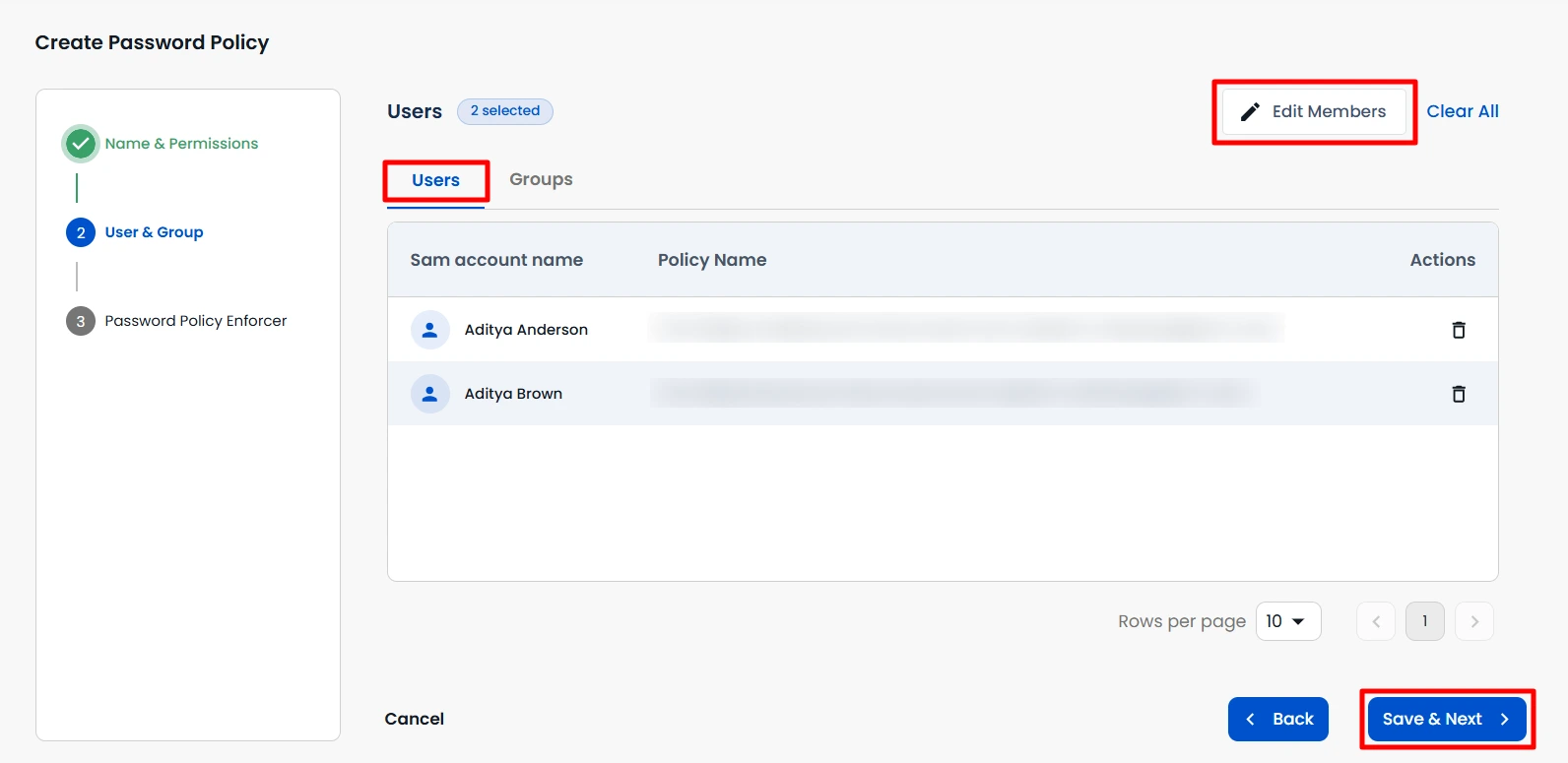 Selected users and groups | Password Management | Self Service Manager