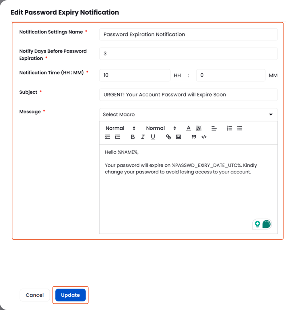 Update Existing Password Expiry Notification Settings | Manage Alerts