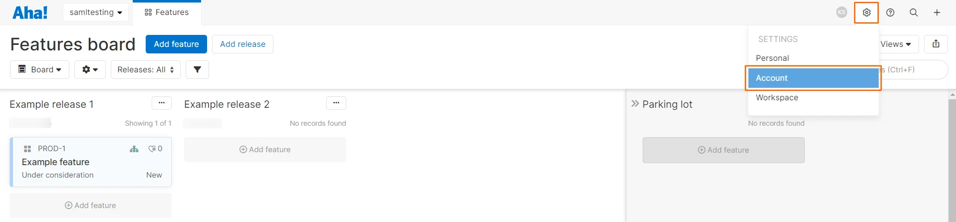 Aha Single Sign On (sso) select settings icon and click Account