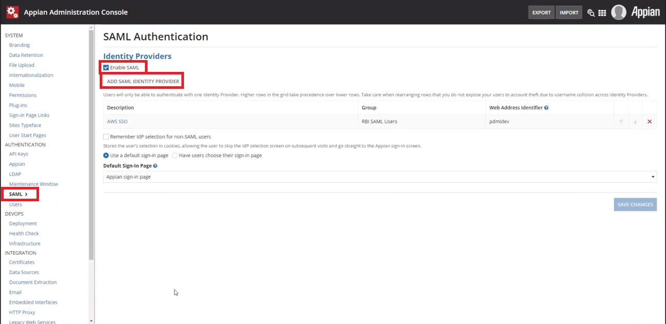 Appian Single Sign On (sso) admin console click on add saml identity provider