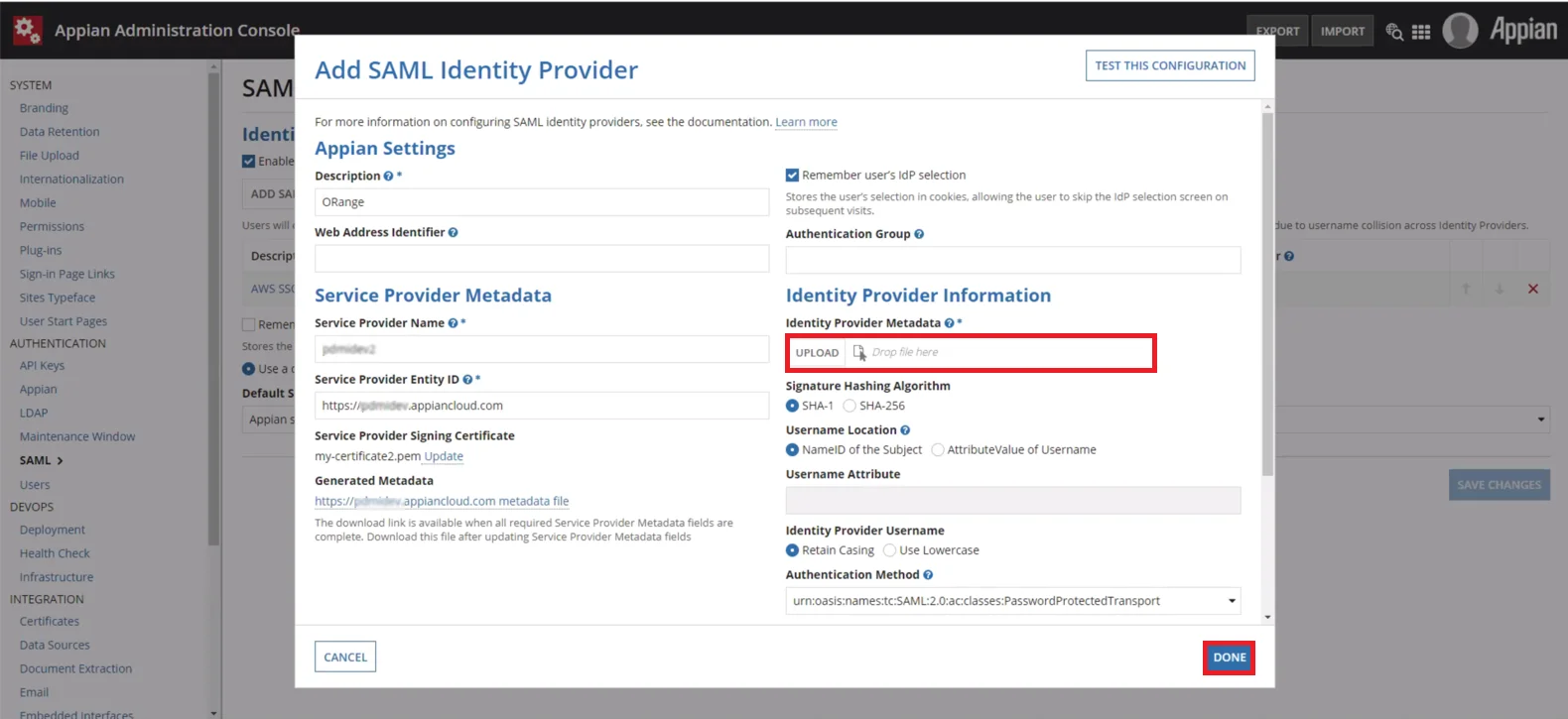 Appian Single Sign On (sso) admin console upload idp metadata