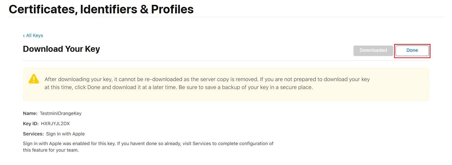 BigCommerce Social Login Single Sign-On: Keys list after downloading .p8 key, click Done