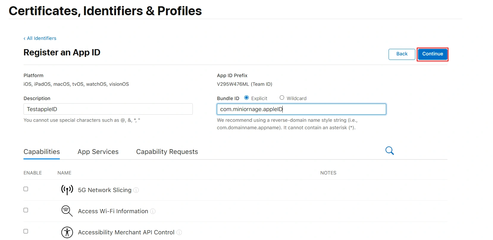 BigCommerce Social Login Single Sign-On: App ID summary with Continue in top right