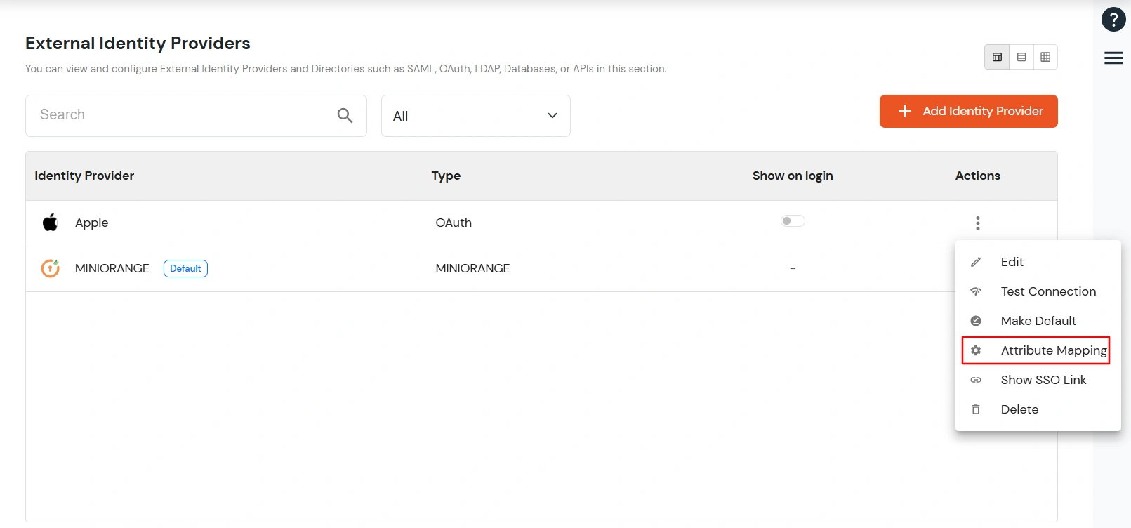 BigCommerce Social Login Single Sign-On: Identity Provider actions menu and Attribute Mapping