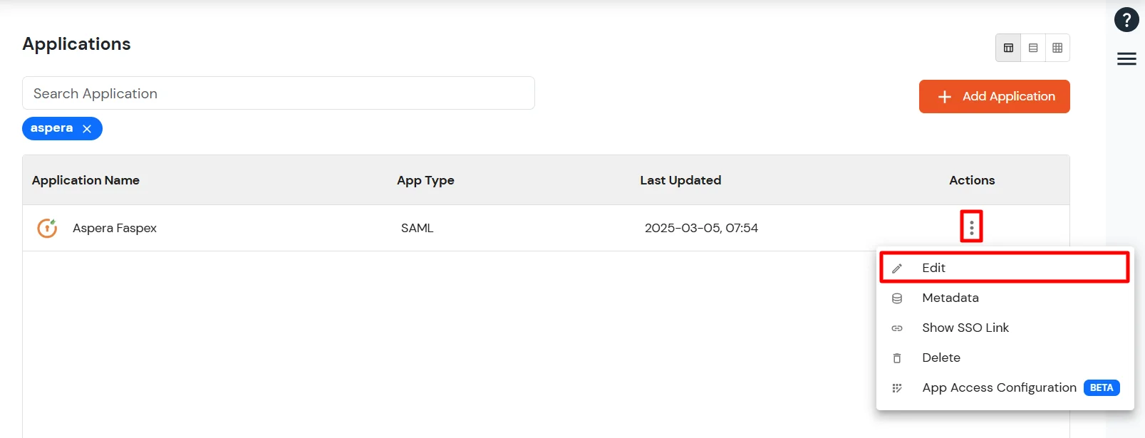 Aspera Faspex Single Sign-On (SSO) Search for app and click edit