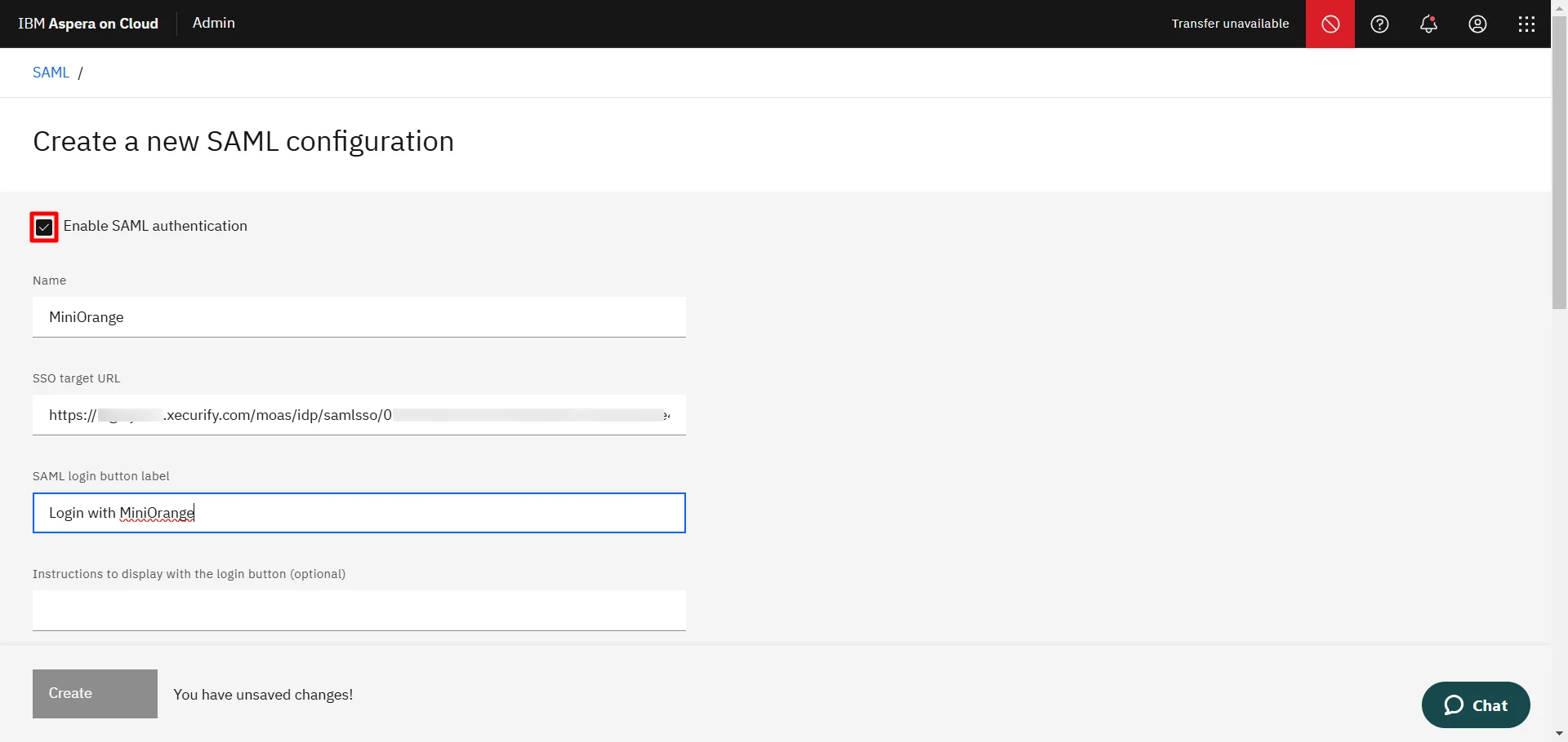 Aspera Faspex Single Sign-On (SSO) Paste SAML Login URL into SSO target URL