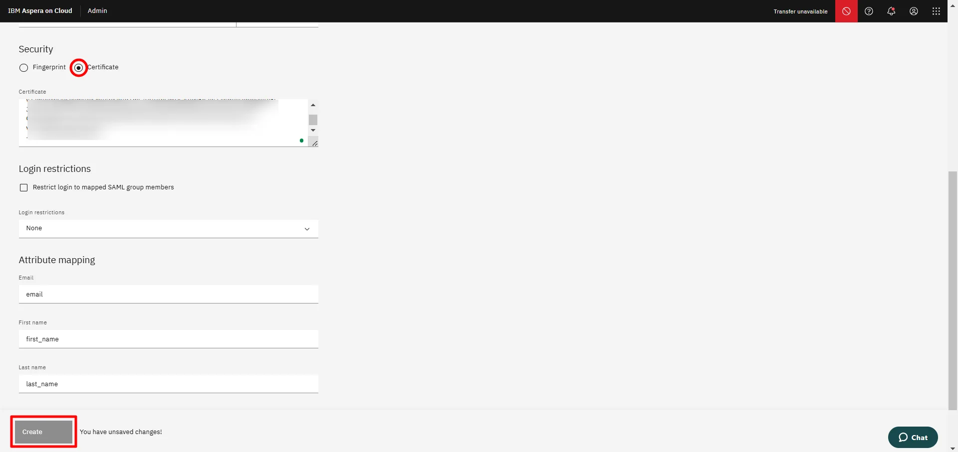 Aspera Faspex Single Sign-On (SSO) Paste copied x.509 certificate into Certificate field