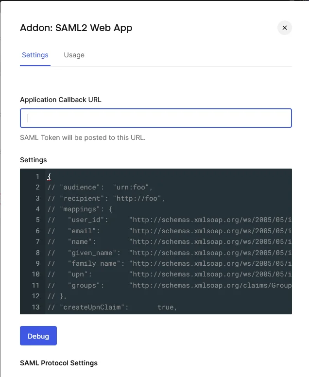 Opem a configuration windows for Auth0 SSO