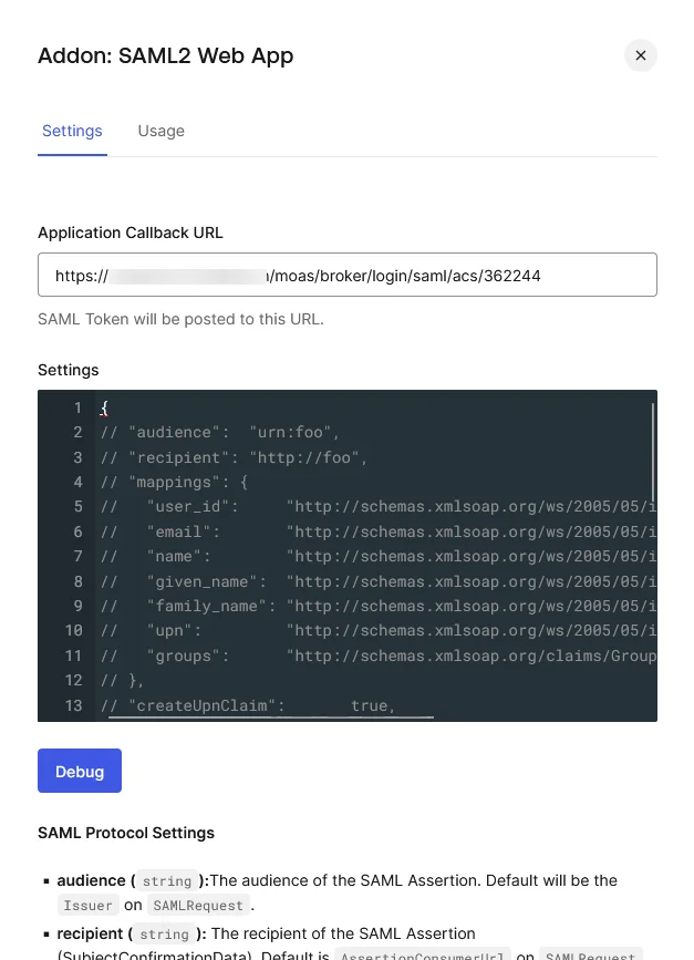 Auth0 SAML IDP : Paste copied ACS URL into Application Callback URL field