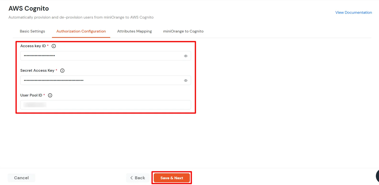 AWS Cognito Provisioning : Enter Access key ID, Secret Access Key and User Pool ID
