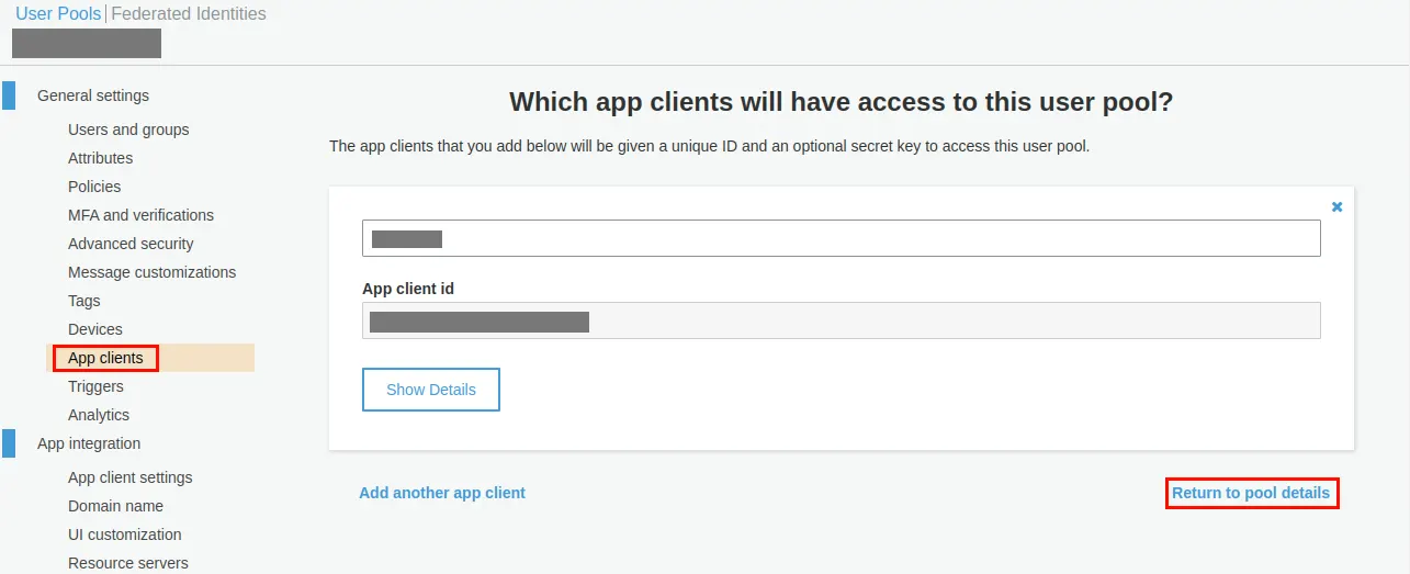 app clients aws cognito as sp