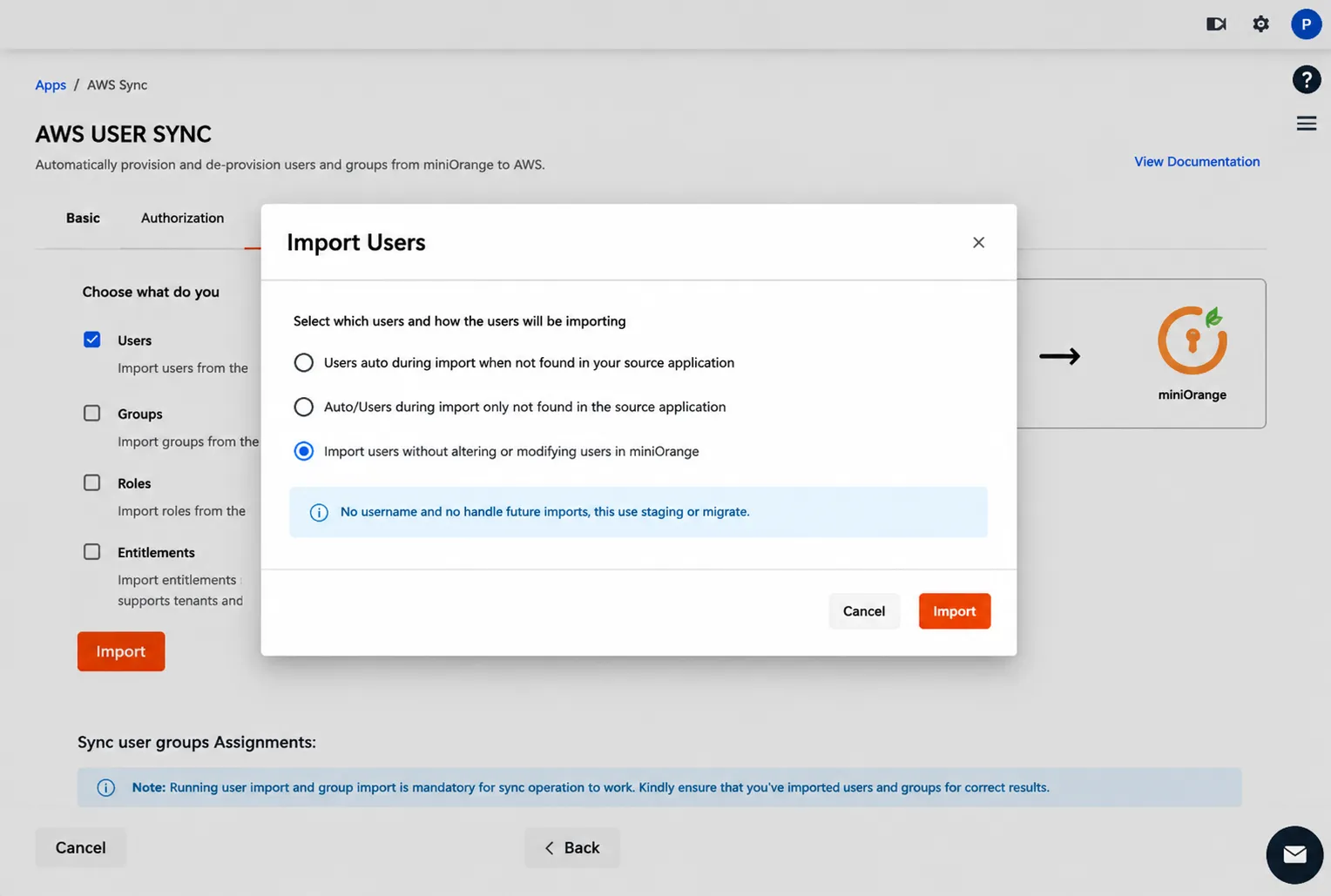 sync the users from AWS to miniOrange