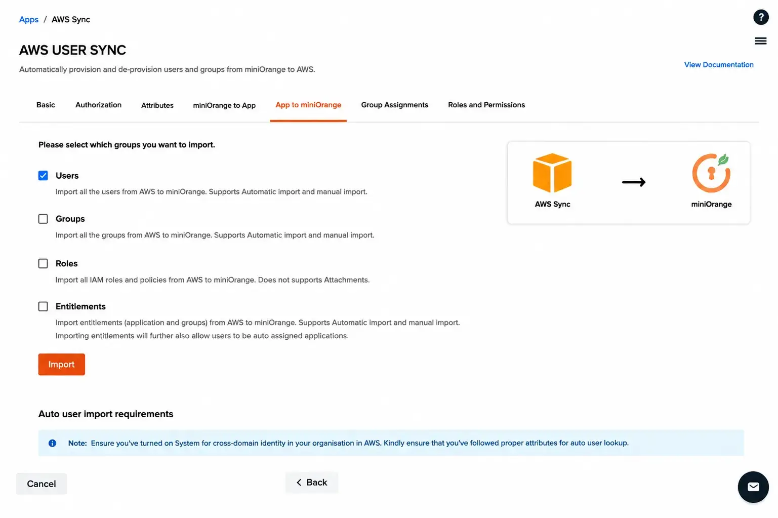 click on Users to import