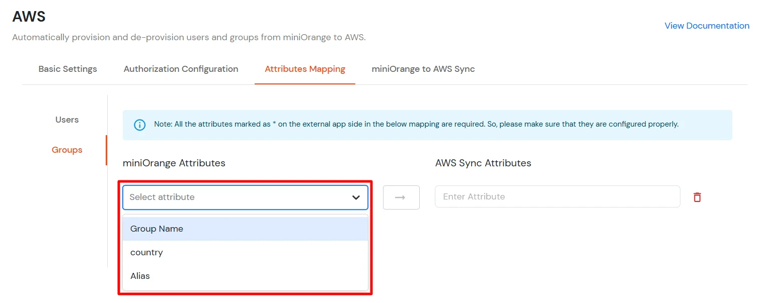 AWS SCIM Provisioning Select miniOrange Attribute from dropdown