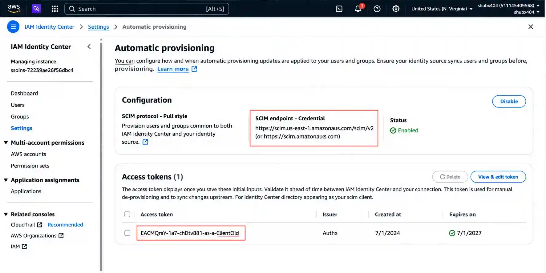 AWS SCIM endpoint & Access token
