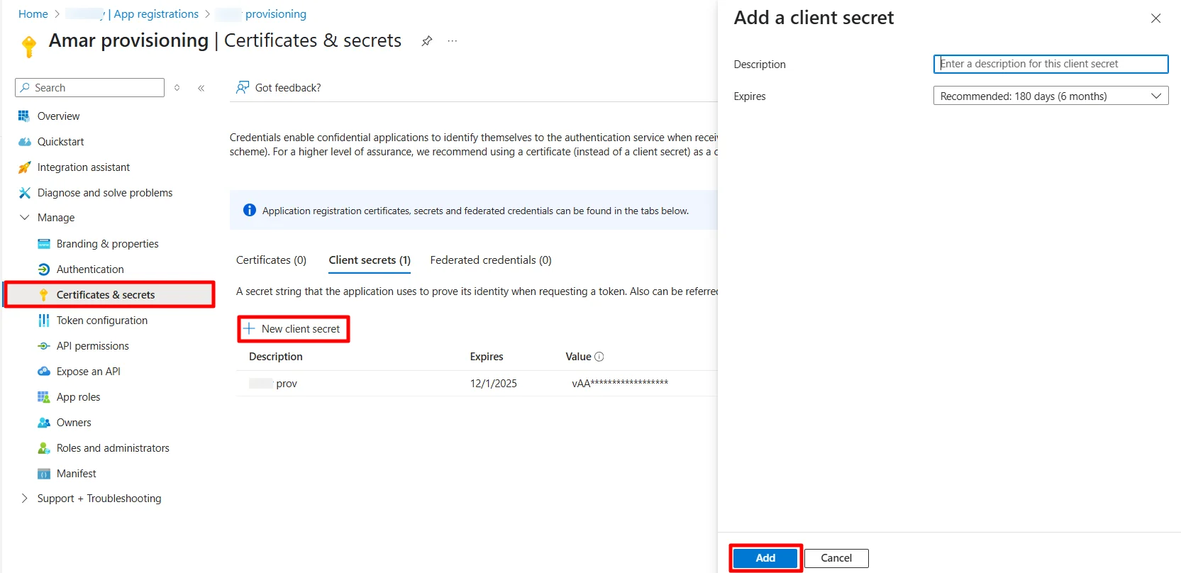 Office 365 Provisioning  : Navigate to Certificates & Secrets and add new client secret