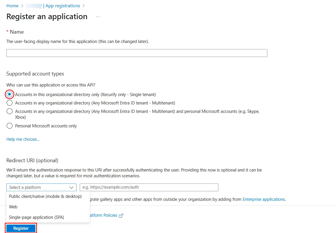 Office 365 Provisioning  : Click on New registration 
