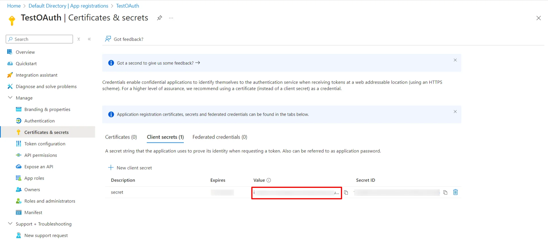 Microsoft Entra ID (Formerly Azure AD) IDP : Copy Secret Value it's your client secret